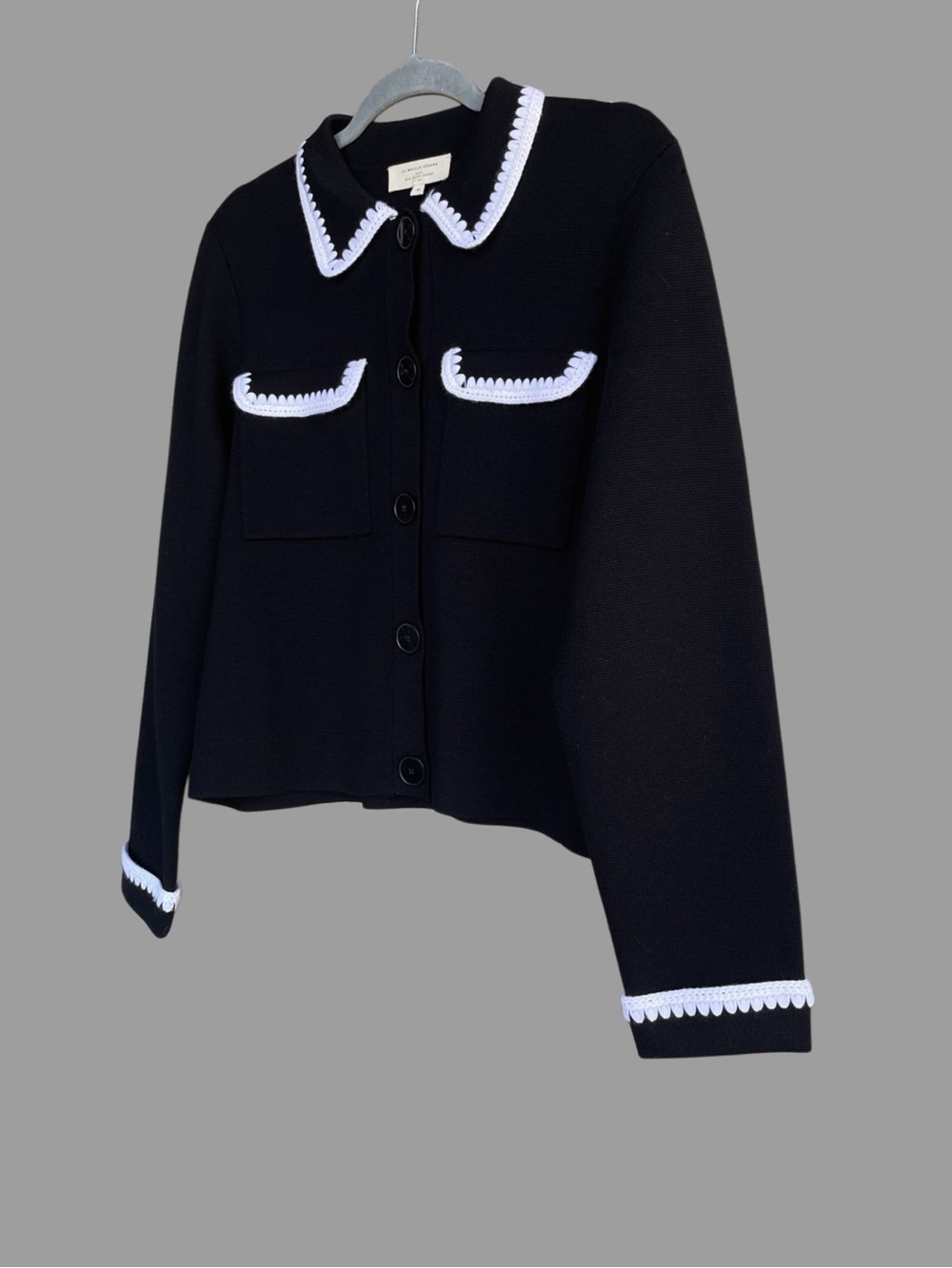 SEZANE Black Merino Wool Knit Collared Betty Cardigan w/ White Crochet Details - Picture 10 of 17